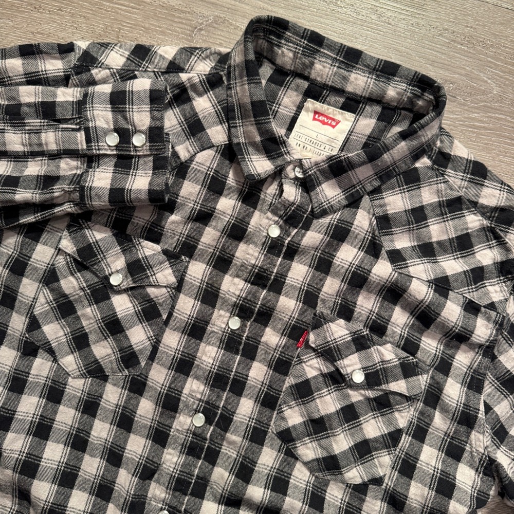 Levis Shirt Men L Black Gray Plaid 100% Cotton Western Pearl Snap Cowboy Flannel